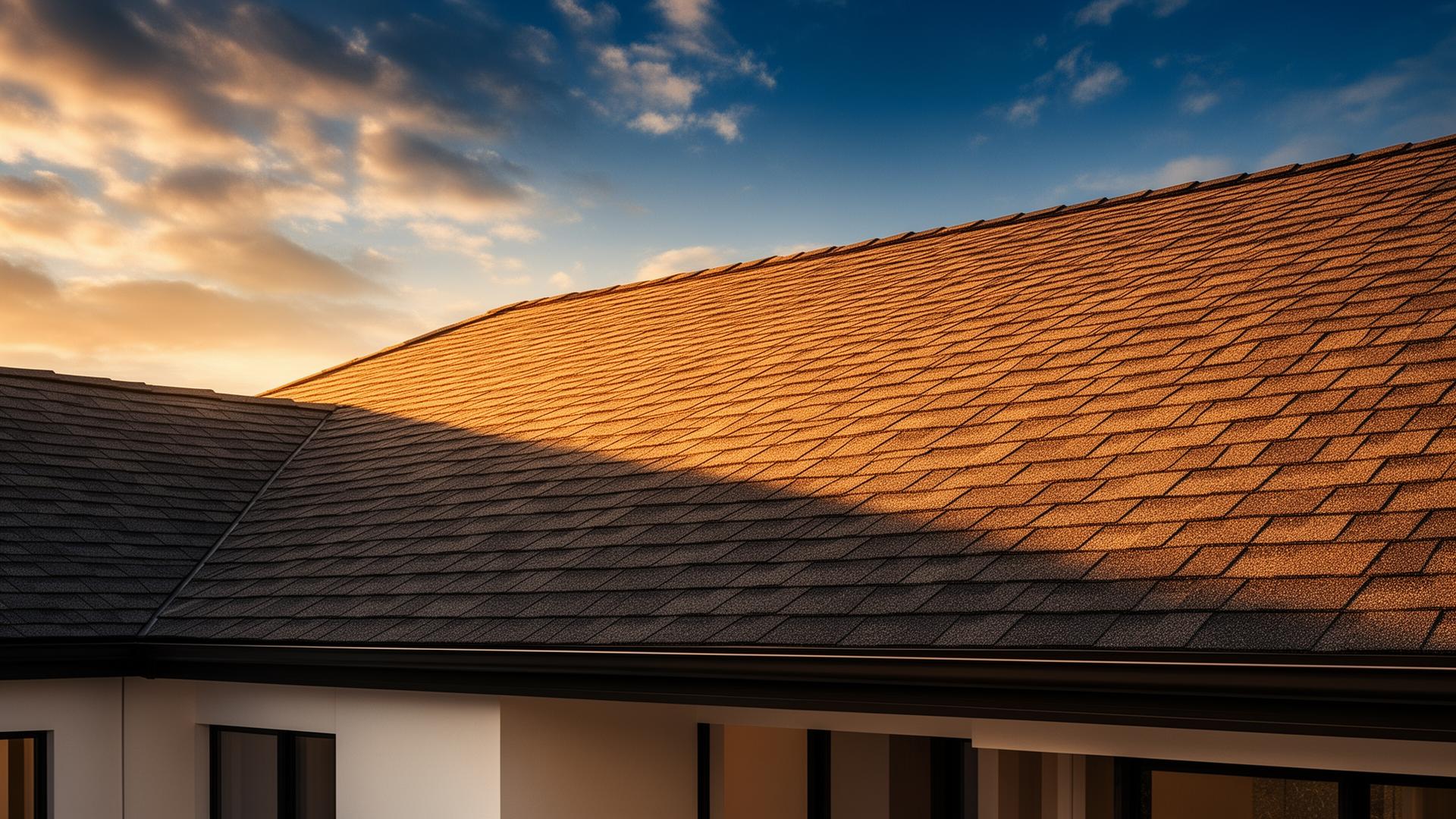 Newly installed asphalt shingle roof glowing in golden sunset light
